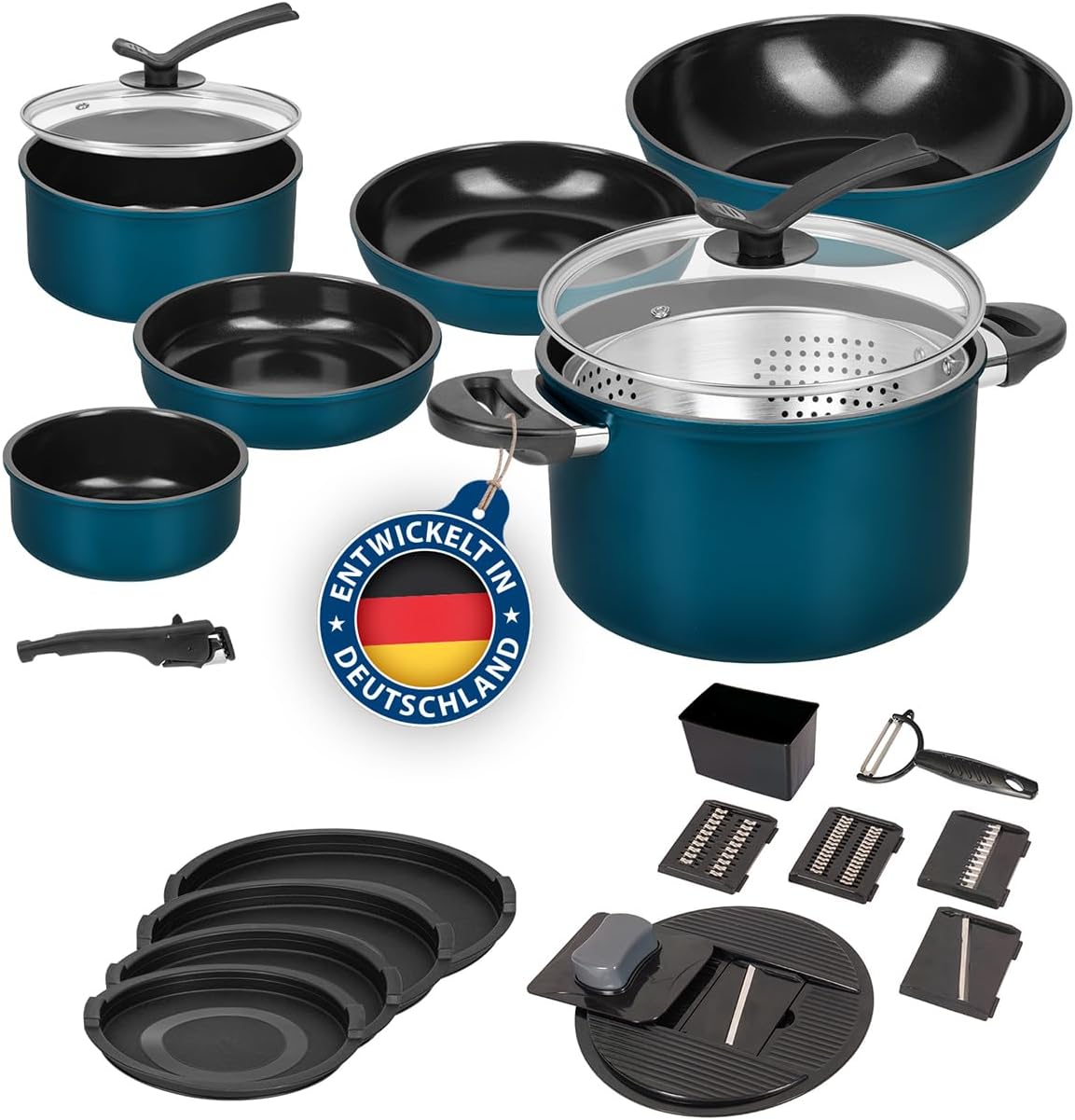 Kelton Pfannenset 3-in-1 mit Deckel und Gemüseschneider – 27-teiliges Kochset für eine vielseitige, platzsparende und moderne Küche